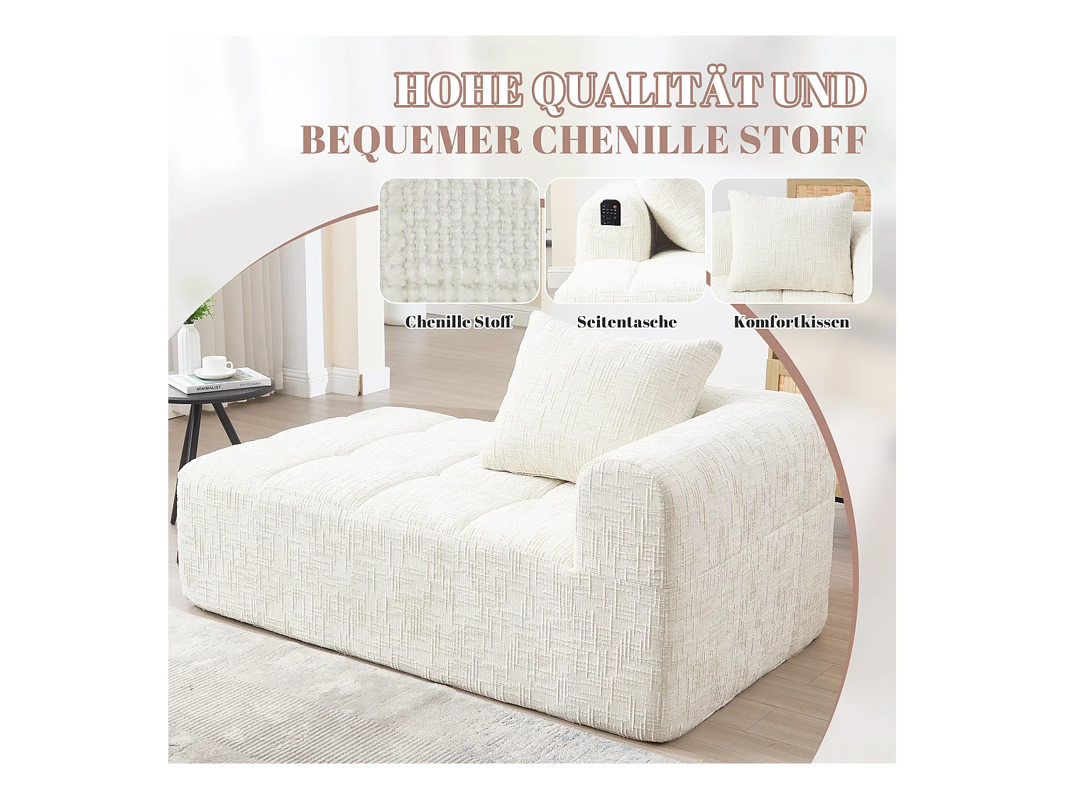Comodo divano chaise longue - 158 x 90 x 60 cm - facile da montare - con cuscini e tasche - velluto - beige