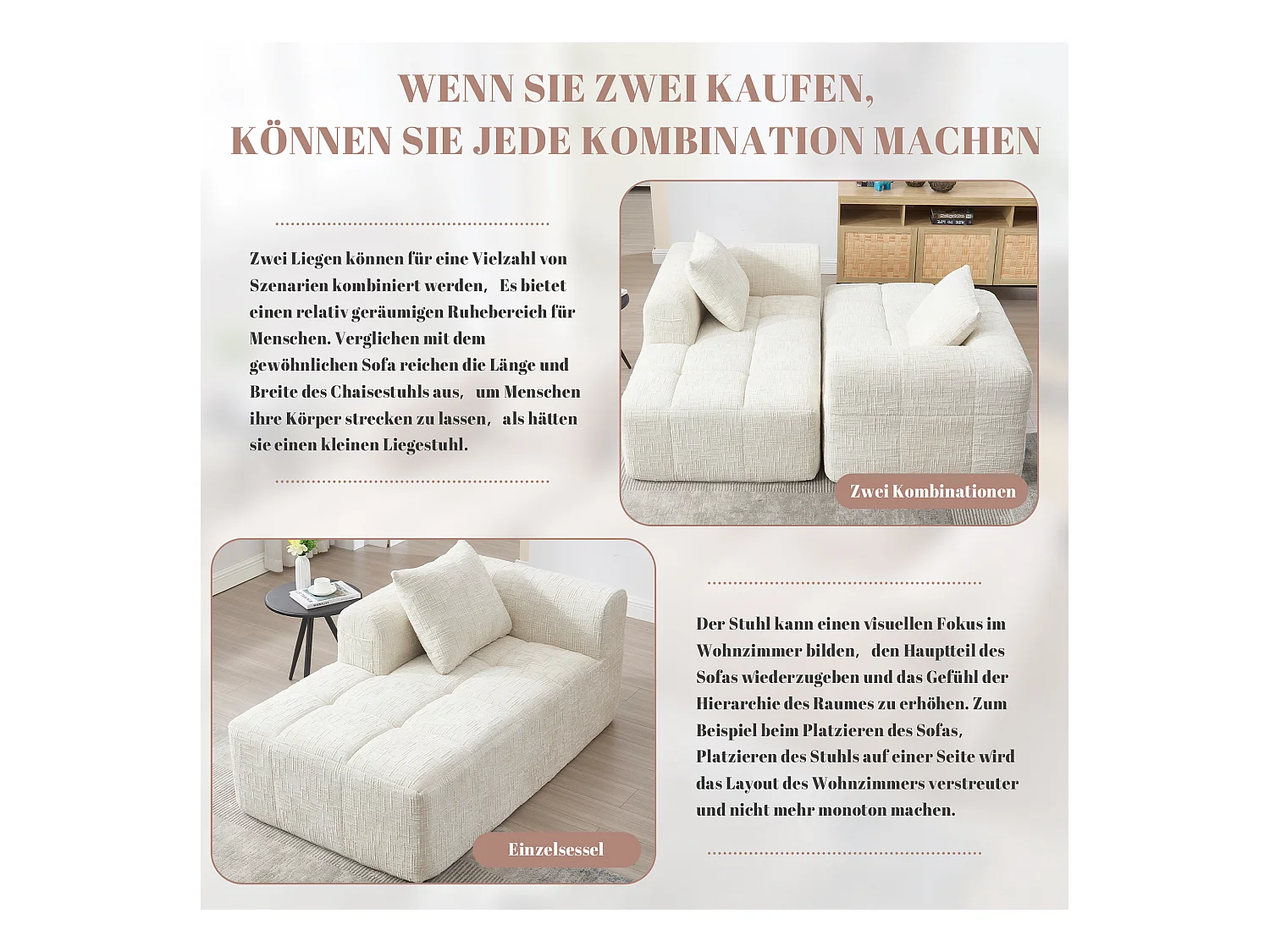 Comodo divano chaise longue - 158 x 90 x 60 cm - facile da montare - con cuscini e tasche - velluto - beige