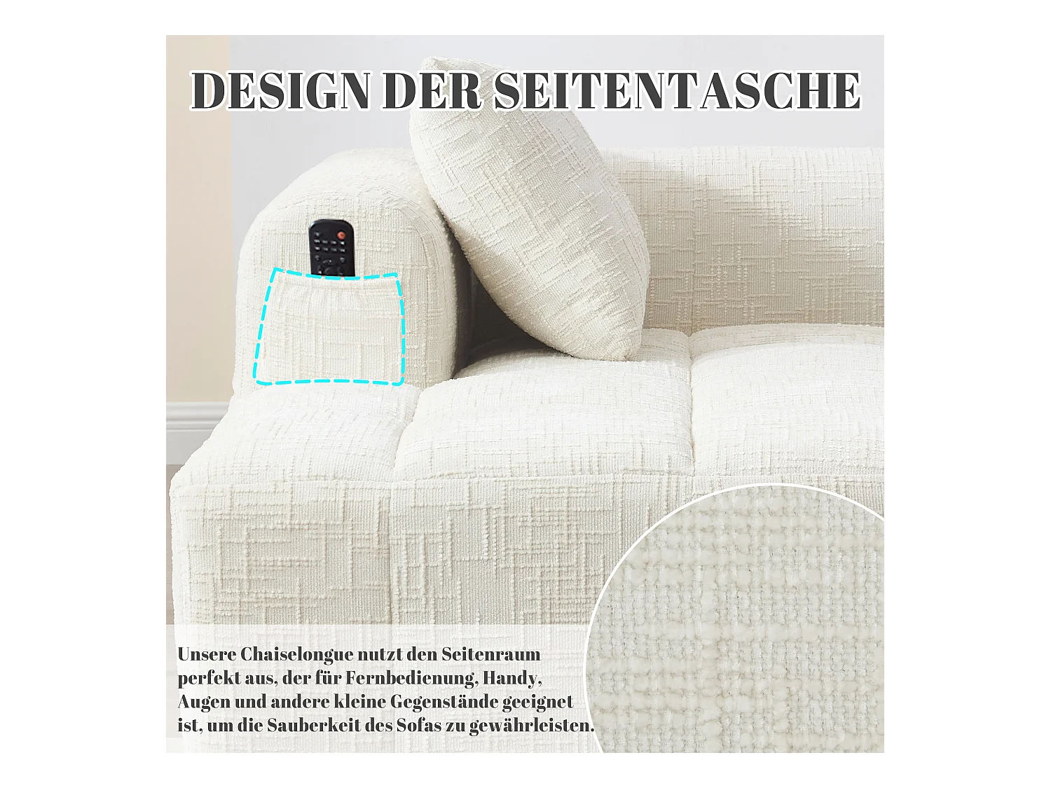 Comodo divano chaise longue - 158 x 90 x 60 cm - facile da montare - con cuscini e tasche - velluto - beige