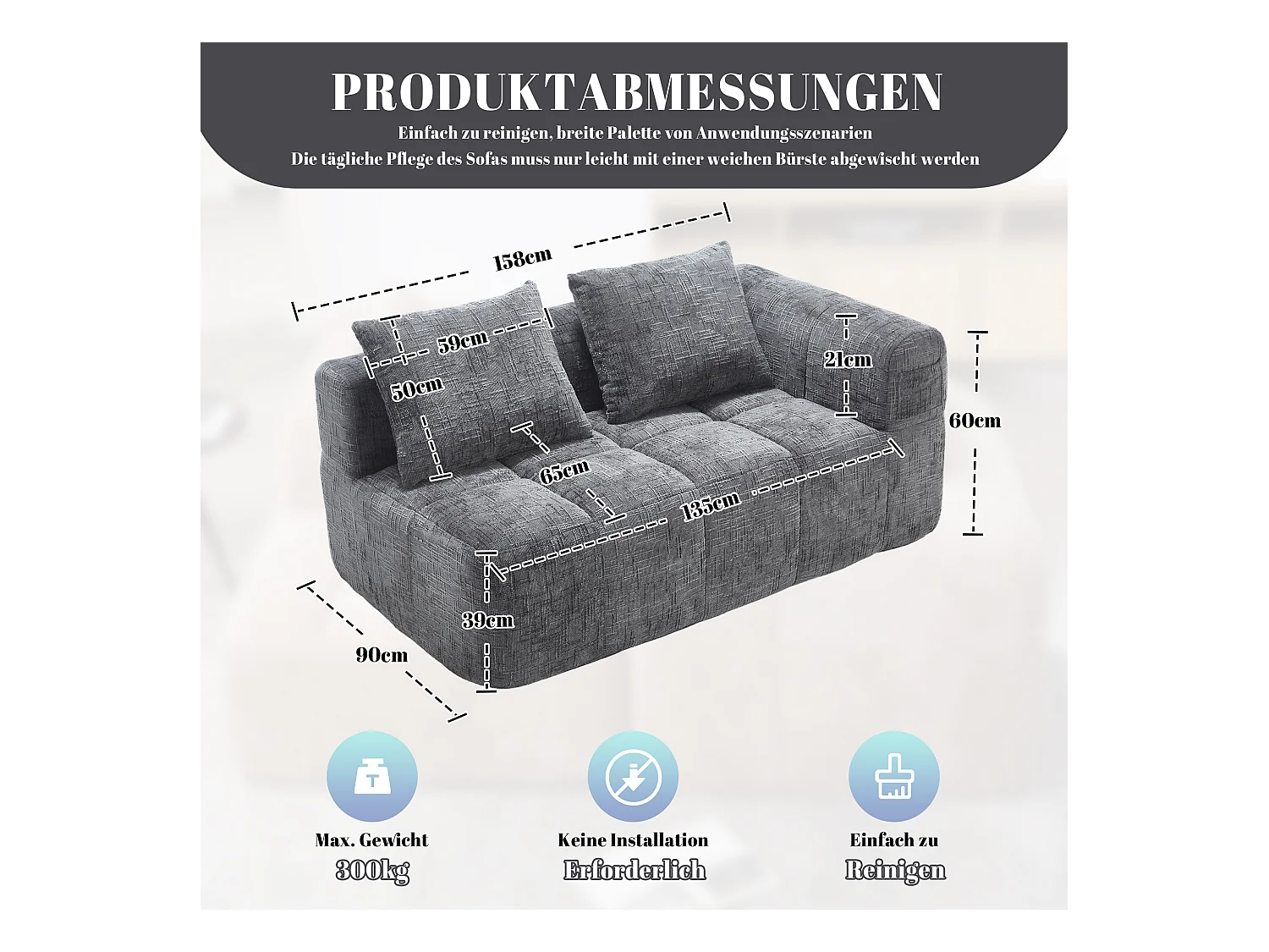 Sofa 2-osobowa z leżanką - 158 x 90 x 62 cm - z poduszką i kieszeniami bocznymi - aksamit - szary