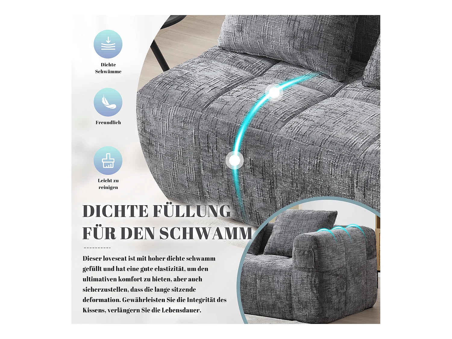 Sofa 2-osobowa z leżanką - 158 x 90 x 62 cm - z poduszką i kieszeniami bocznymi - aksamit - szary