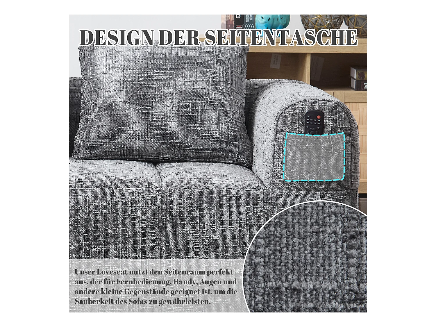 Sofa 2-osobowa z leżanką - 158 x 90 x 62 cm - z poduszką i kieszeniami bocznymi - aksamit - szary