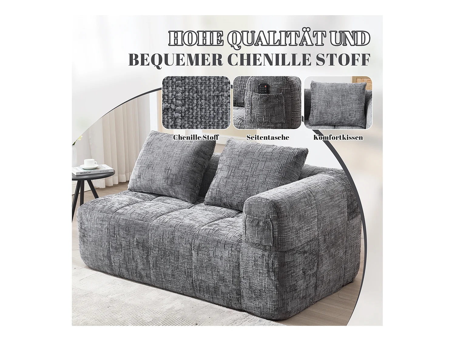 Sofa 2-osobowa z leżanką - 158 x 90 x 62 cm - z poduszką i kieszeniami bocznymi - aksamit - szary