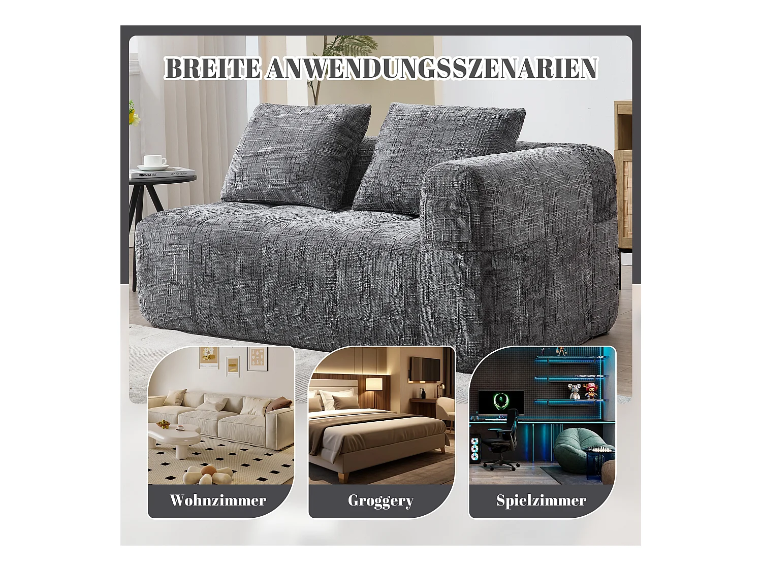 Sofa 2-osobowa z leżanką - 158 x 90 x 62 cm - z poduszką i kieszeniami bocznymi - aksamit - szary