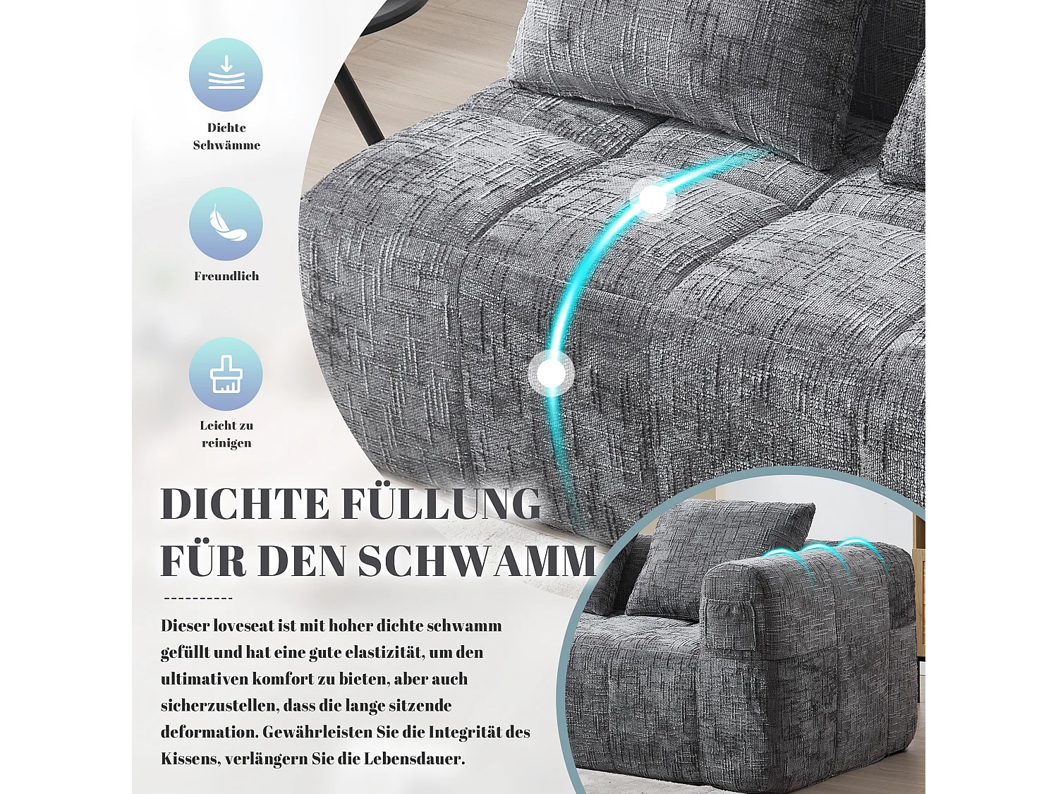 Divano chaise longue 2 posti - 158 x 90 x 62 cm - con cuscino e tasche laterali - velluto - grigio