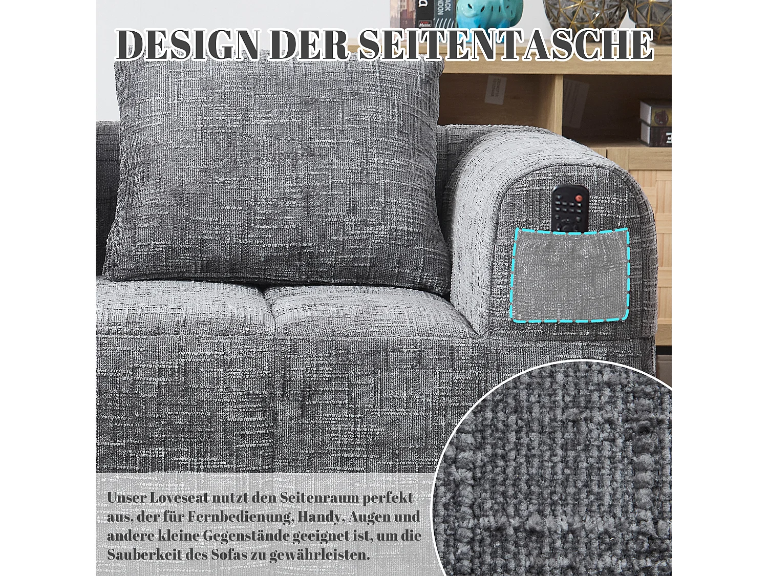 Divano chaise longue 2 posti - 158 x 90 x 62 cm - con cuscino e tasche laterali - velluto - grigio