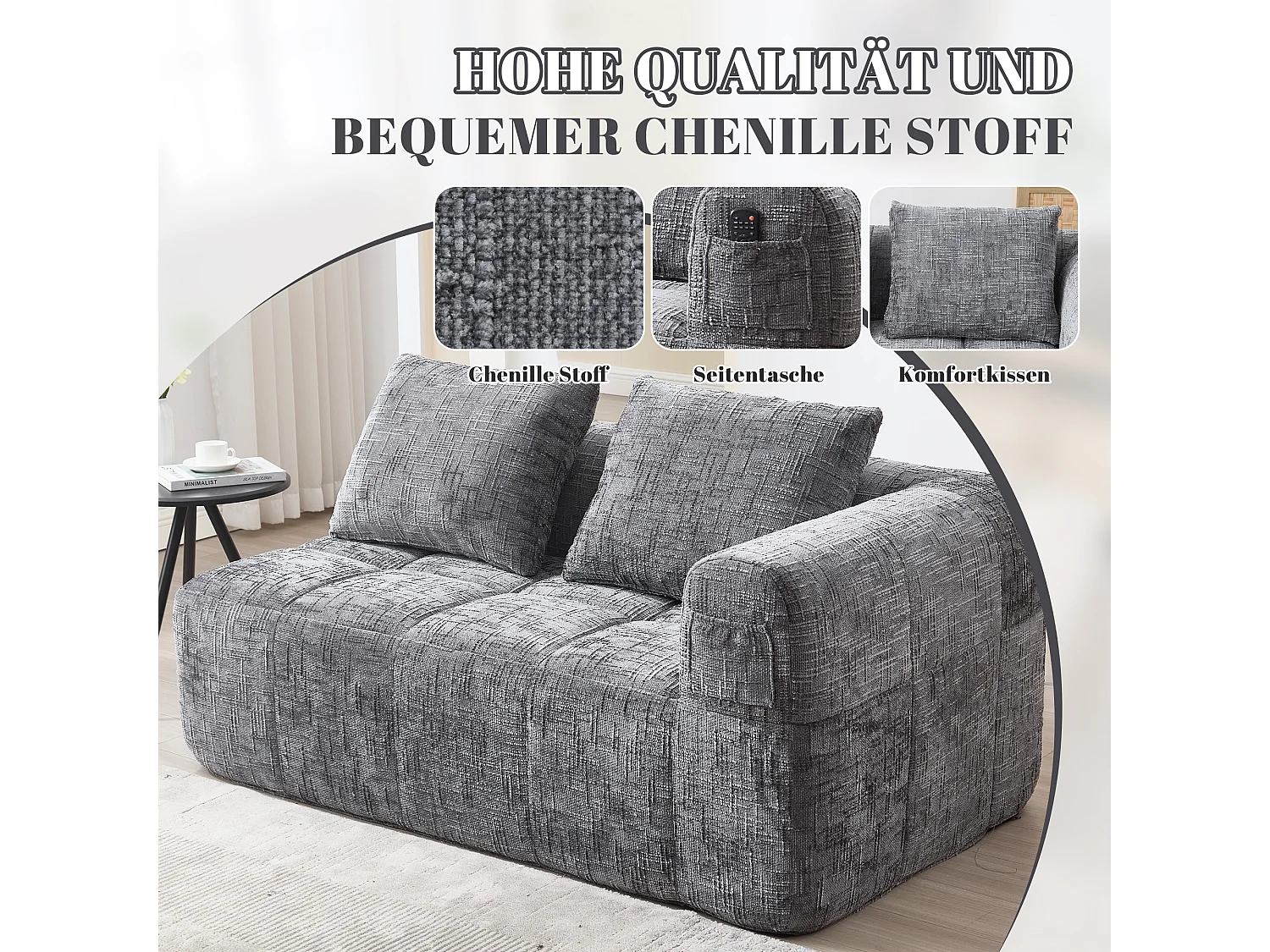 Divano chaise longue 2 posti - 158 x 90 x 62 cm - con cuscino e tasche laterali - velluto - grigio