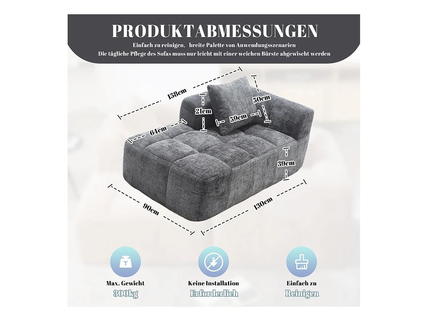 Wygodna sofa typu leżanka - 158 x 90 x 60 cm - łatwa w montażu - z poduszkami i kieszeniami - aksamitna - szara