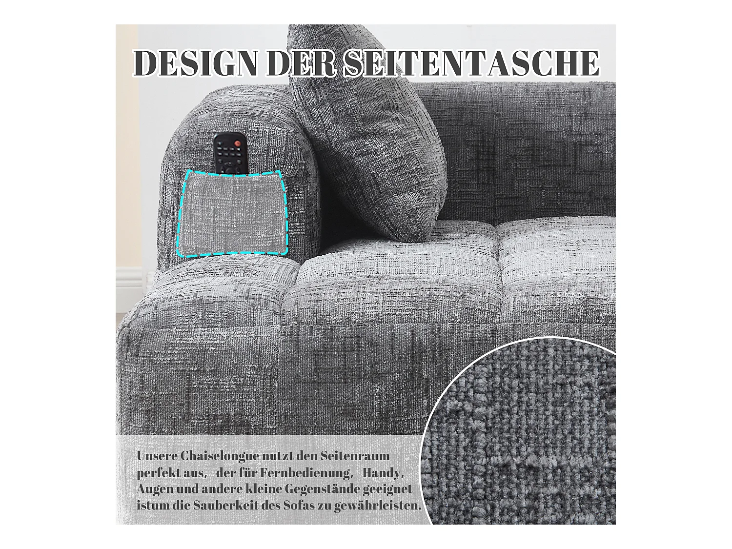 Wygodna sofa typu leżanka - 158 x 90 x 60 cm - łatwa w montażu - z poduszkami i kieszeniami - aksamitna - szara