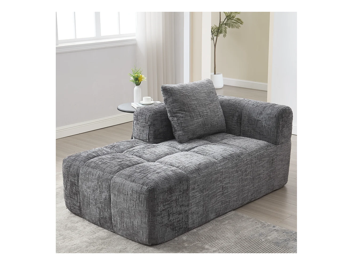 Wygodna sofa typu leżanka - 158 x 90 x 60 cm - łatwa w montażu - z poduszkami i kieszeniami - aksamitna - szara