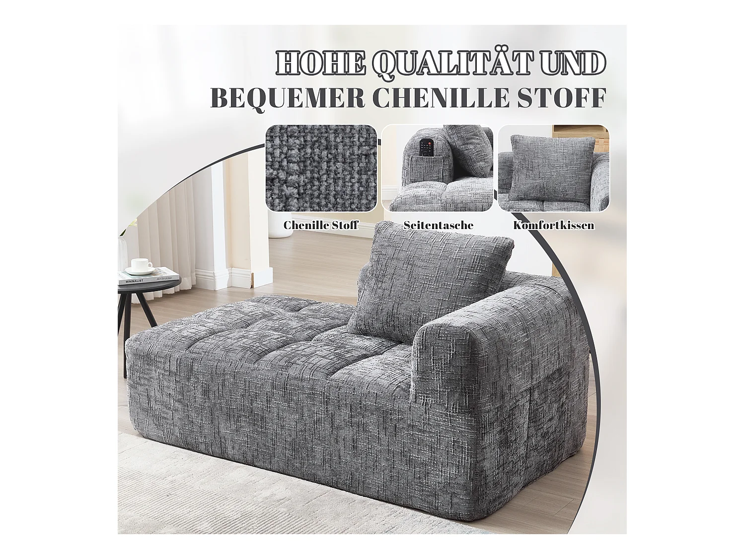 Wygodna sofa typu leżanka - 158 x 90 x 60 cm - łatwa w montażu - z poduszkami i kieszeniami - aksamitna - szara