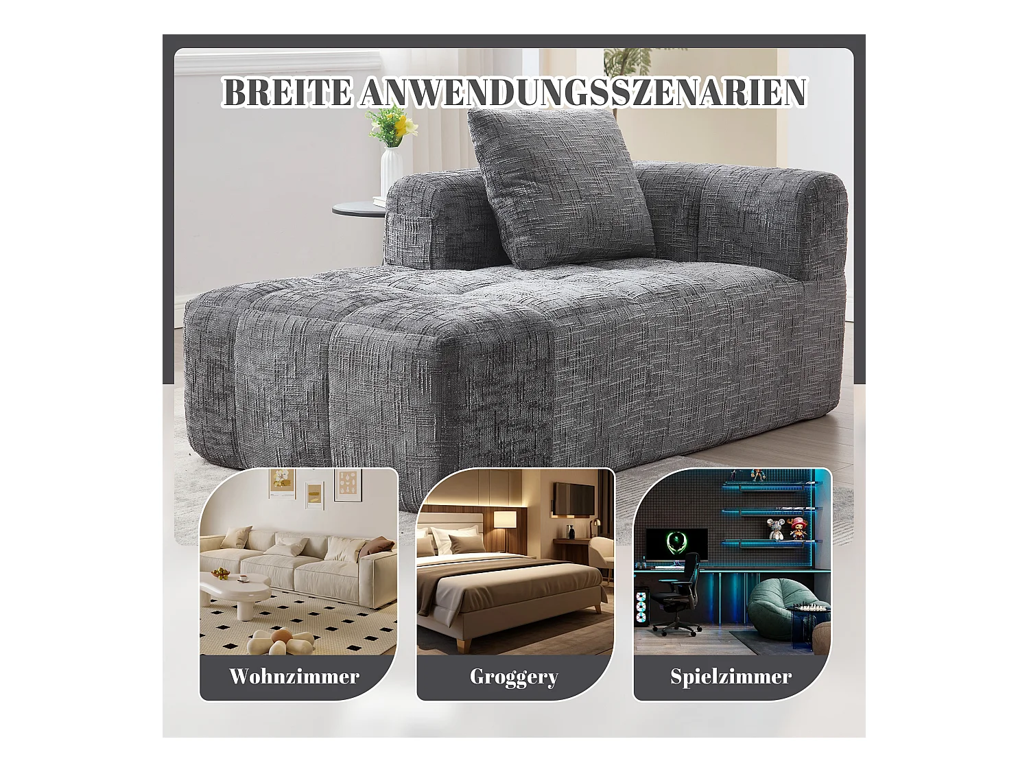Wygodna sofa typu leżanka - 158 x 90 x 60 cm - łatwa w montażu - z poduszkami i kieszeniami - aksamitna - szara