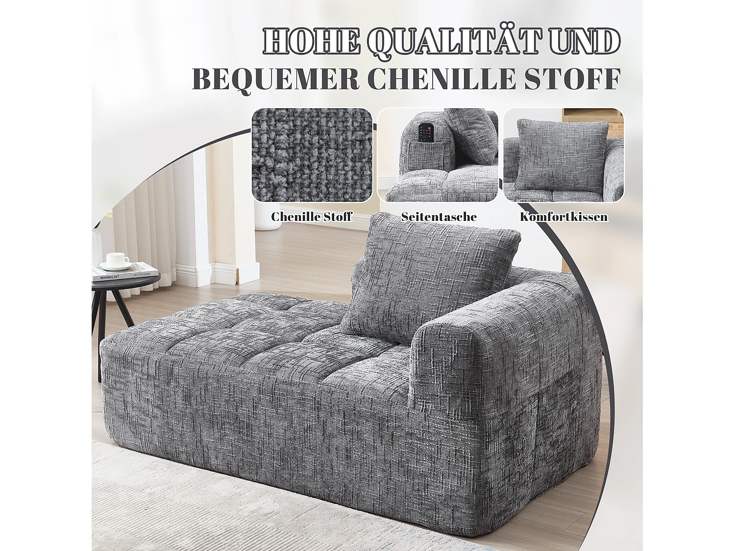 Canapé méridienne confortable - 158 x 90 x 60 cm - facile à monter - avec coussins et poches - velours - gris