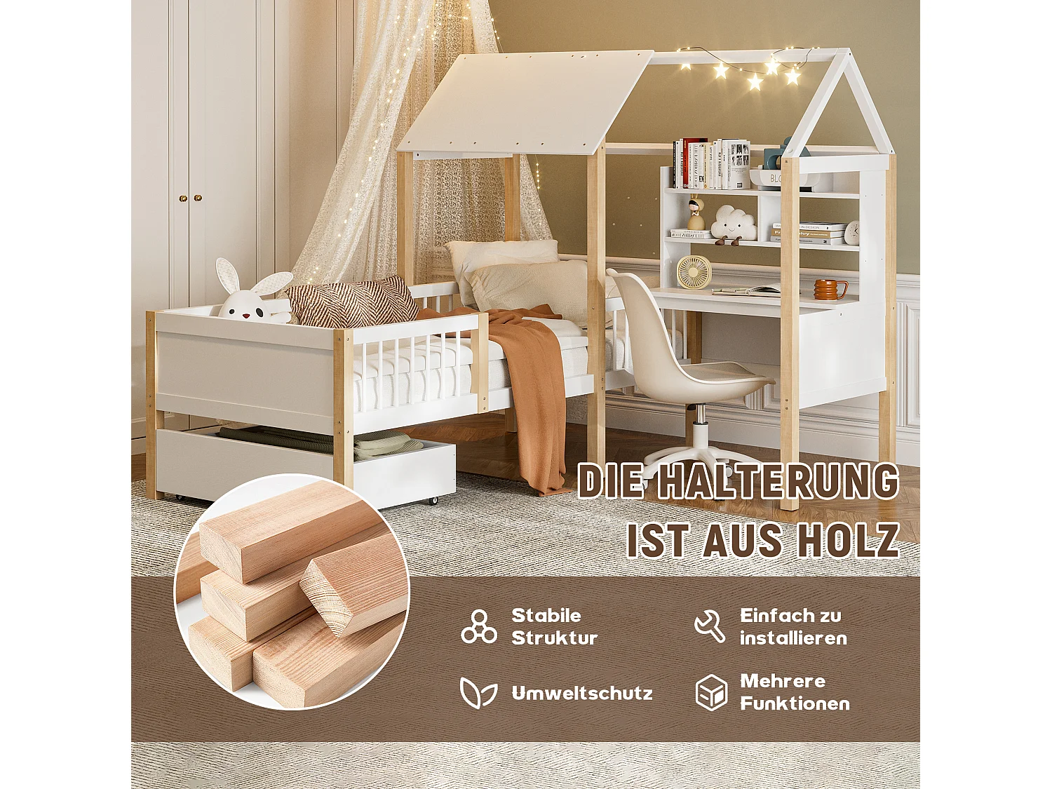 Lit combiné pour enfant - 90 x 200 cm - avec bureau en L + étagères intégrés + 1 tirois - bois - blanc