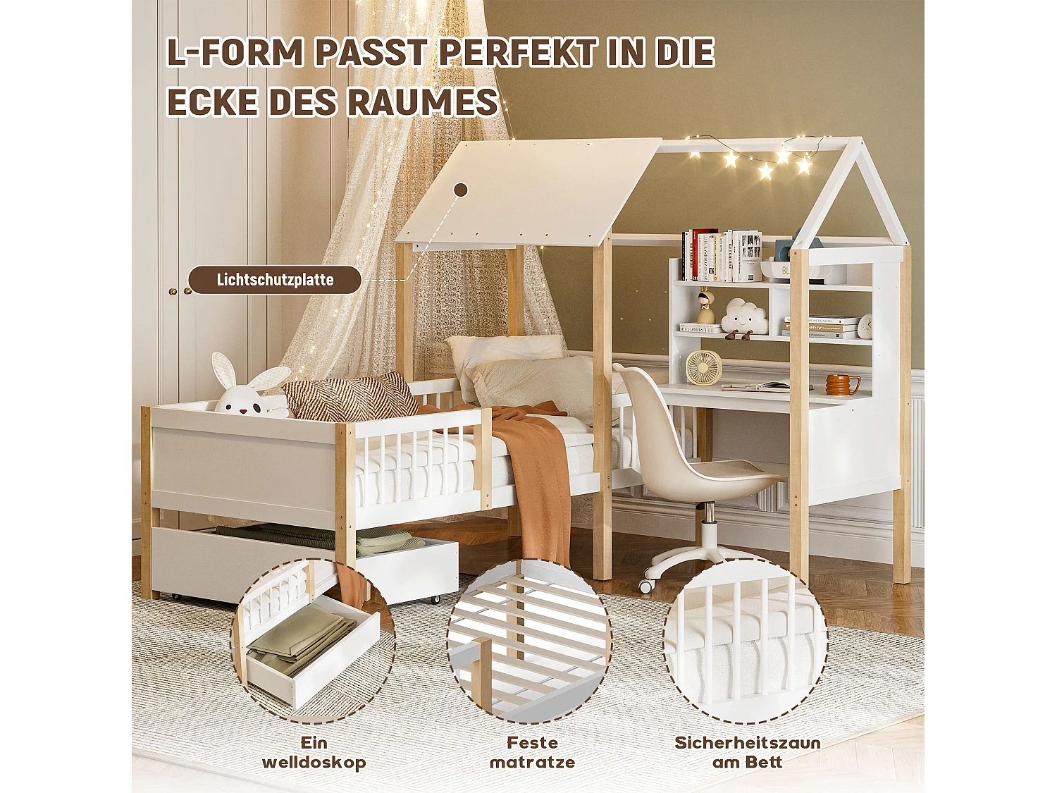 Lit combiné pour enfant - 90 x 200 cm - avec bureau en L + étagères intégrés + 1 tirois - bois - blanc