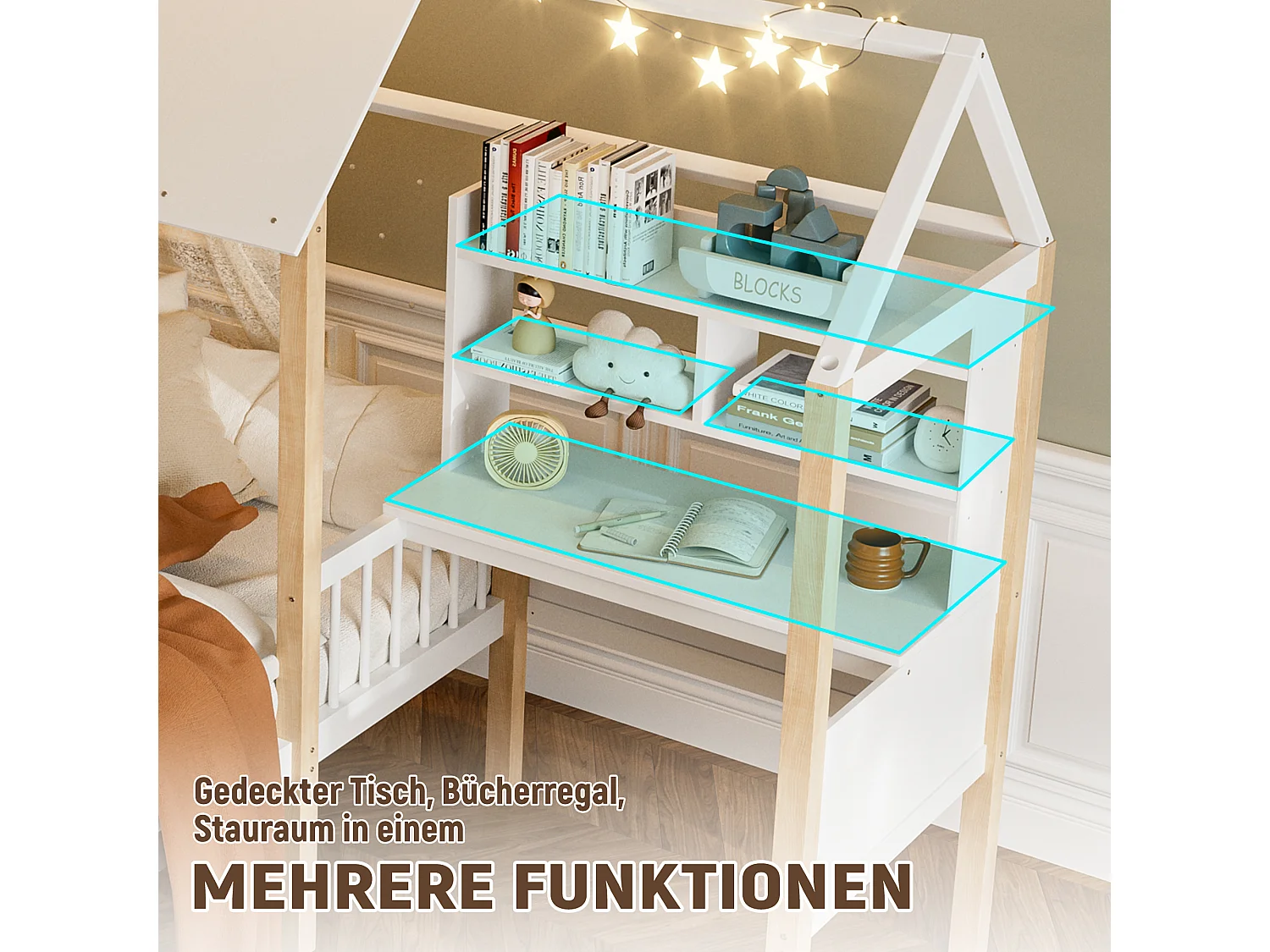 Lit combiné pour enfant - 90 x 200 cm - avec bureau en L + étagères intégrés + 1 tirois - bois - blanc