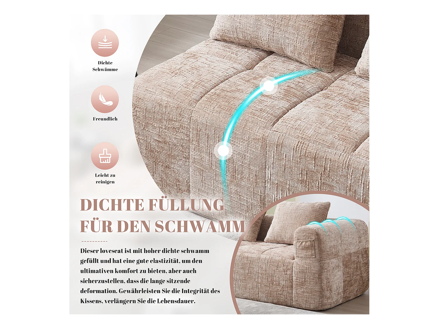 Sofa 2-osobowa typu leżanka - 158 x 90 x 62 cm - z poduszką i kieszeniami bocznymi - aksamit - khaki