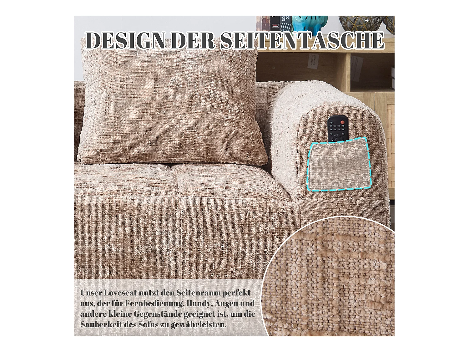 Sofa 2-osobowa typu leżanka - 158 x 90 x 62 cm - z poduszką i kieszeniami bocznymi - aksamit - khaki