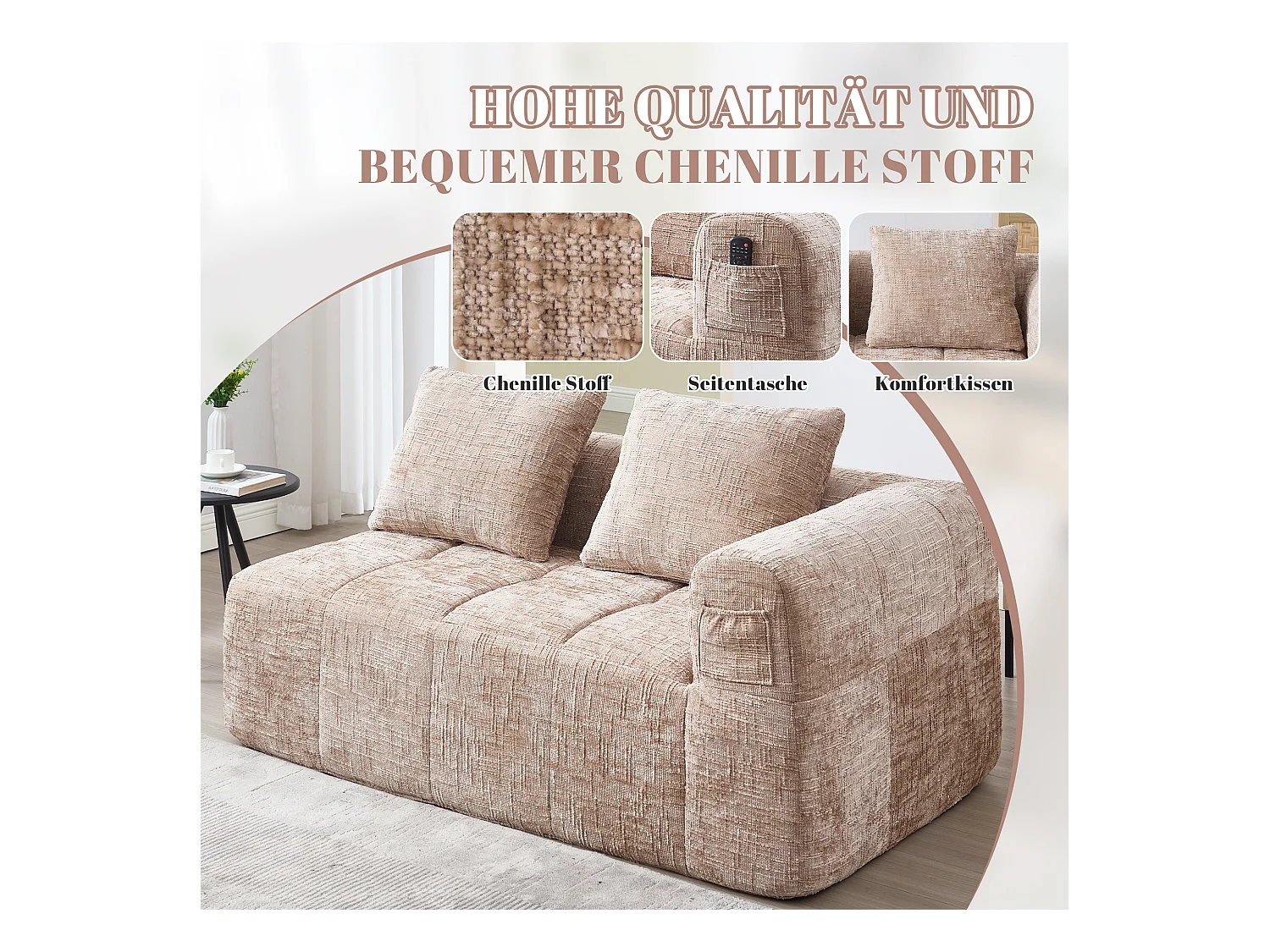 Sofa 2-osobowa typu leżanka - 158 x 90 x 62 cm - z poduszką i kieszeniami bocznymi - aksamit - khaki