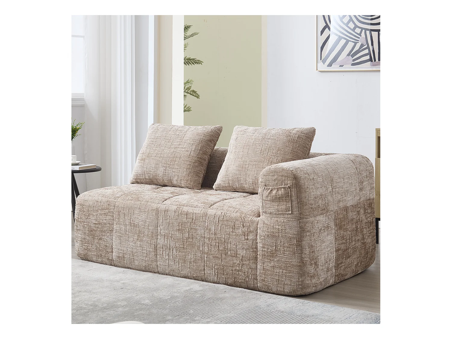 Sofa 2-osobowa typu leżanka - 158 x 90 x 62 cm - z poduszką i kieszeniami bocznymi - aksamit - khaki
