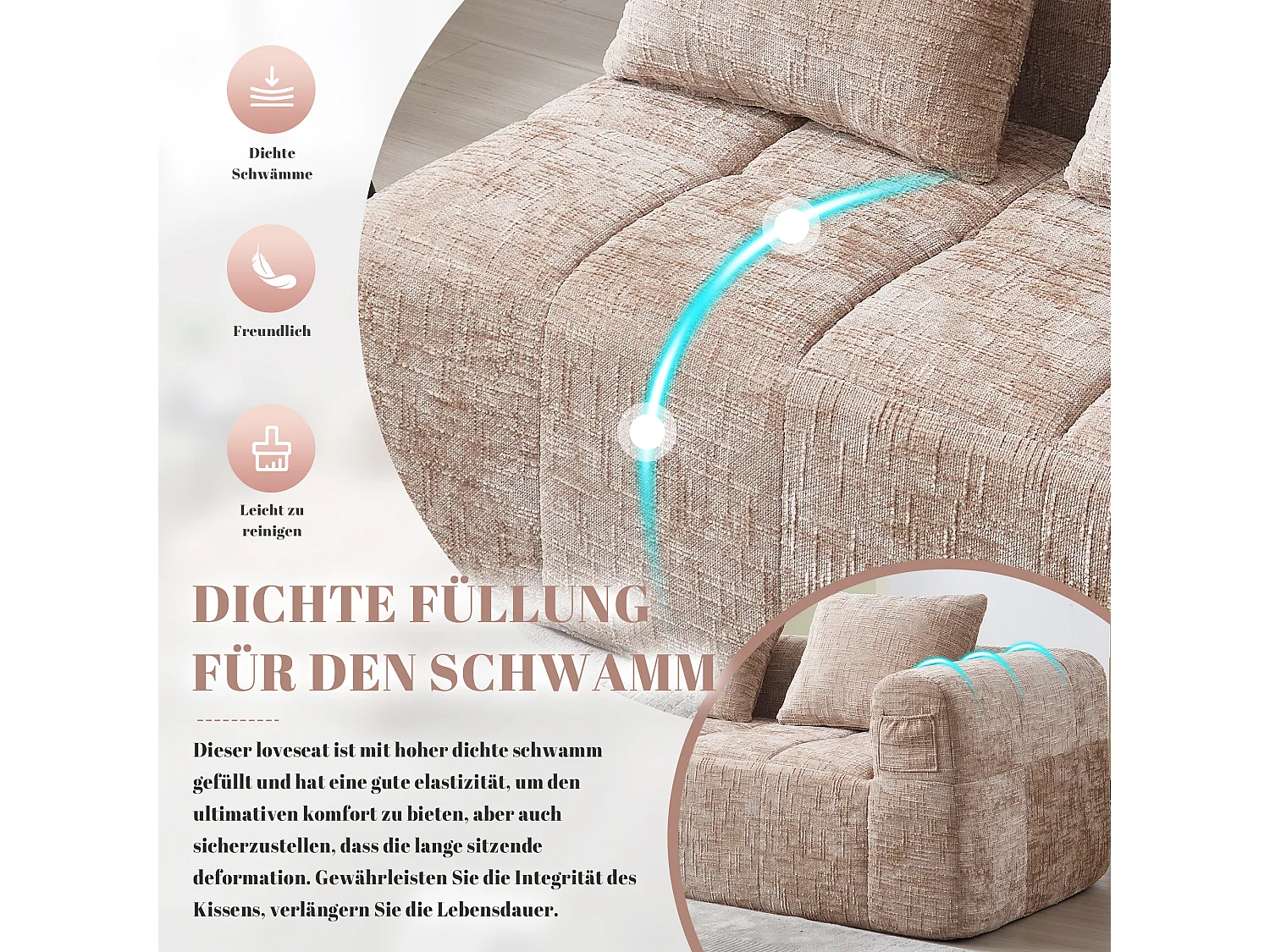 Divano chaise longue 2 posti - 158 x 90 x 62 cm - con cuscino e tasche laterali - velluto - kaki