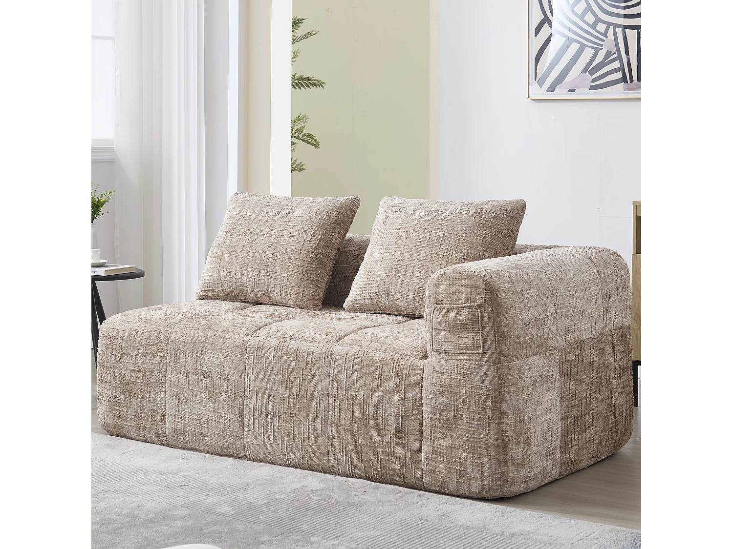 Divano chaise longue 2 posti - 158 x 90 x 62 cm - con cuscino e tasche laterali - velluto - kaki