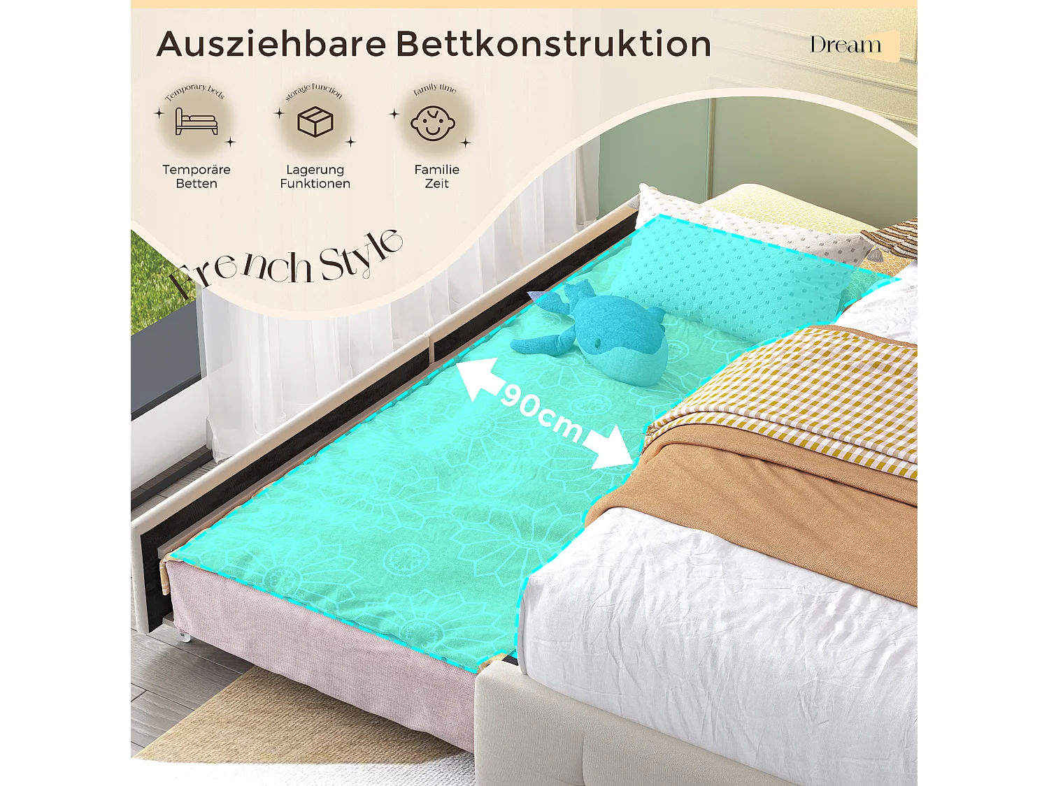 Letto Matrimoniale 160x200 Cm Con Contenitore E Luci LED - Beige, Con USB E Letto Estraibile - 2