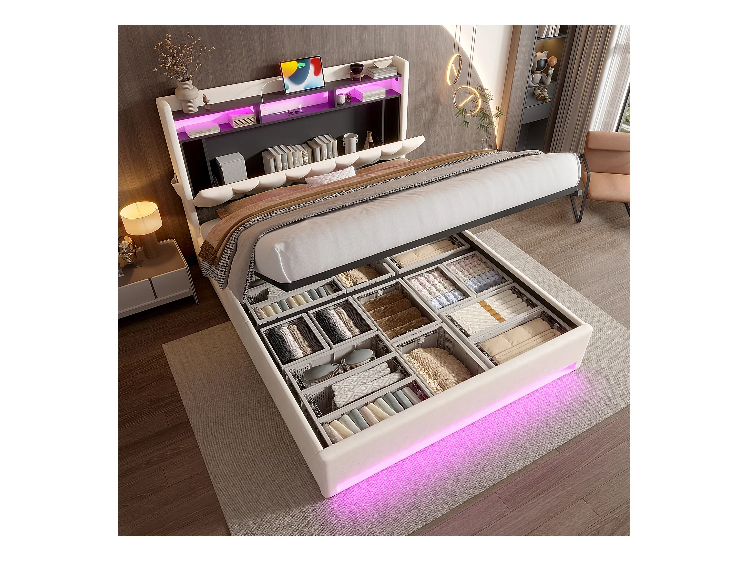 Łóżko tapicerowane ze schowkiem - 160 x 200 cm - z diodami LED + USB Type-C + zagłówek ze schowkiem - aksamit - beż