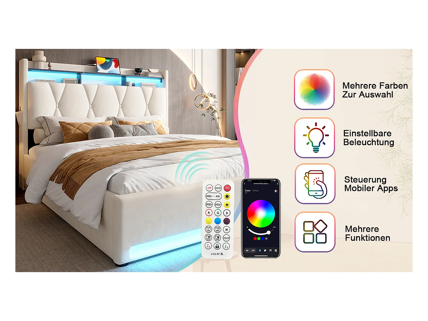 Łóżko tapicerowane ze schowkiem - 160 x 200 cm - z diodami LED + USB Type-C + zagłówek ze schowkiem - aksamit - beż