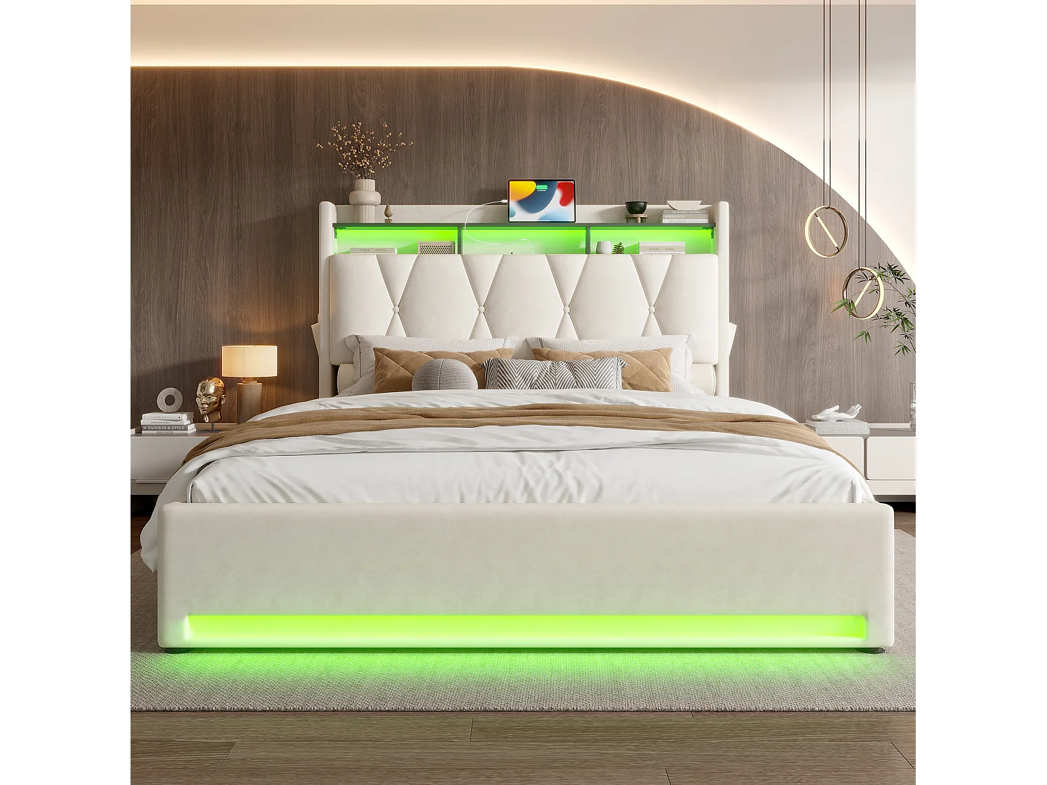 Lit coffre rembourré - 160 x 200 cm - avec Leds + USB Type-C + tête de lit avec rangement - velours - beige
