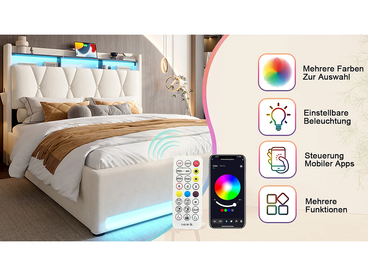 Lit coffre rembourré - 160 x 200 cm - avec Leds + USB Type-C + tête de lit avec rangement - velours - beige