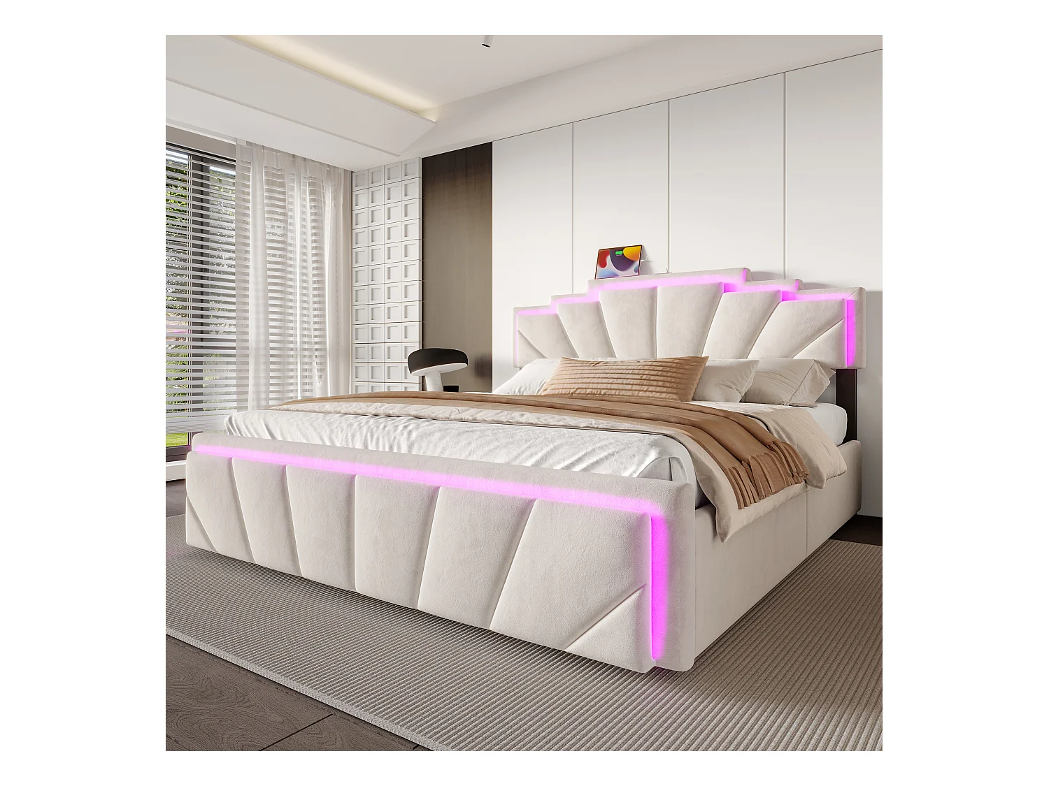 Lit coffre rembourré  - 160 x 200 cm - avec tête de lit + Leds + USB Type-C + 4 tiroirs - velours - beige