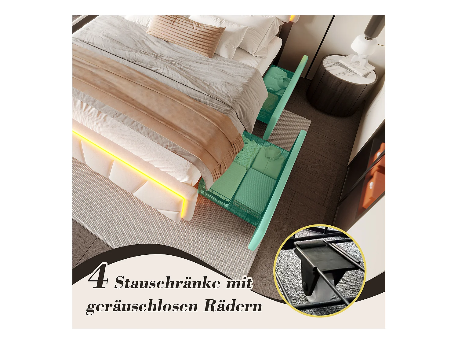 Lit coffre rembourré  - 160 x 200 cm - avec tête de lit + Leds + USB Type-C + 4 tiroirs - velours - beige