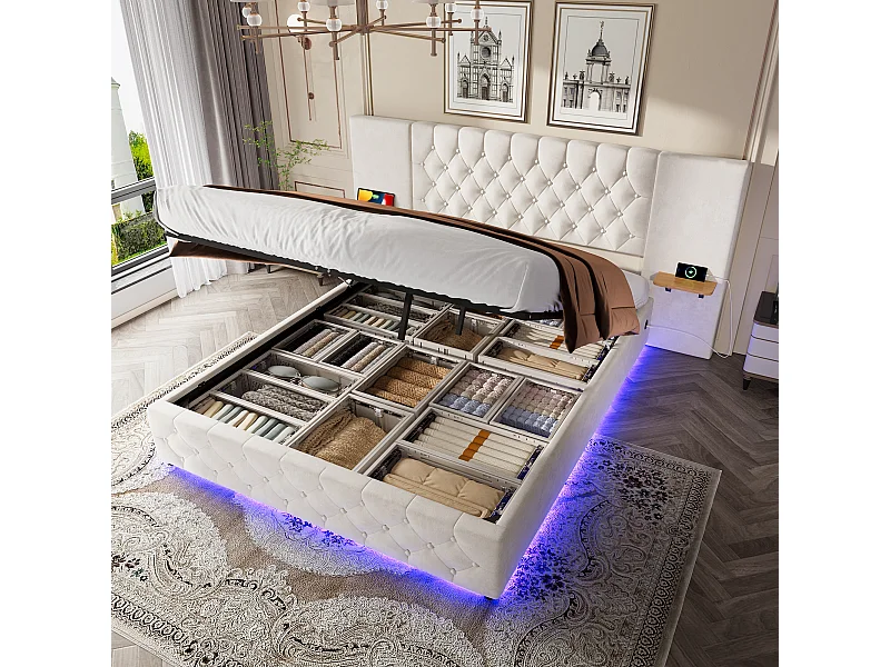 Łóżko tapicerowane ze schowkiem - 160 x 200 cm - z szerokim zagłówkiem + diody LED + port USB - schowek hydrauliczny - aksamit - beż