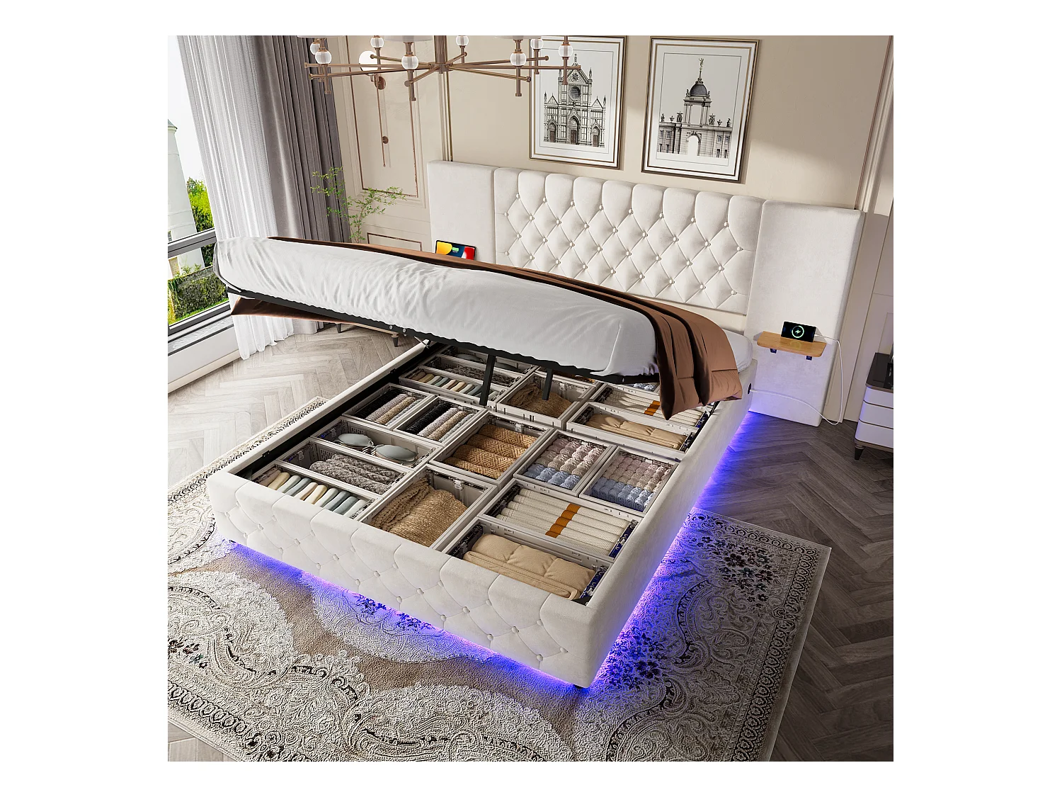 Gepolstertes Bett mit Stauraum – 160 x 200 cm – mit breitem Kopfteil + LEDs + USB-Anschluss – hydraulischer Stauraum – Samt – Beige