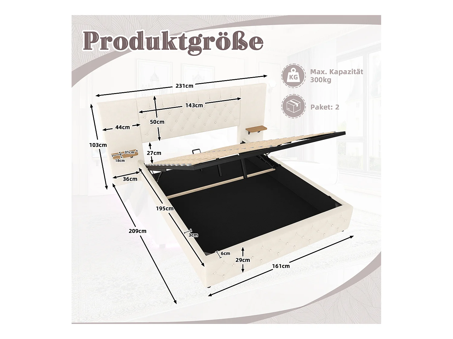 Gepolstertes Bett mit Stauraum – 160 x 200 cm – mit breitem Kopfteil + LEDs + USB-Anschluss – hydraulischer Stauraum – Samt – Beige