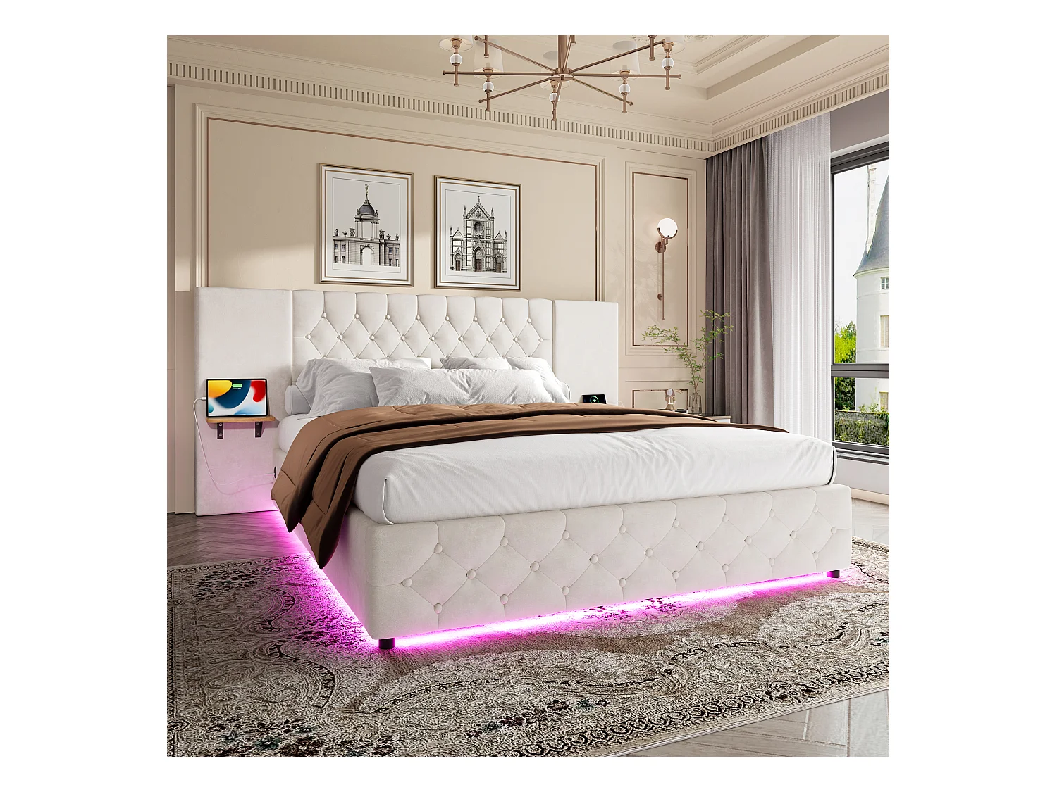 Gepolstertes Bett mit Stauraum – 160 x 200 cm – mit breitem Kopfteil + LEDs + USB-Anschluss – hydraulischer Stauraum – Samt – Beige