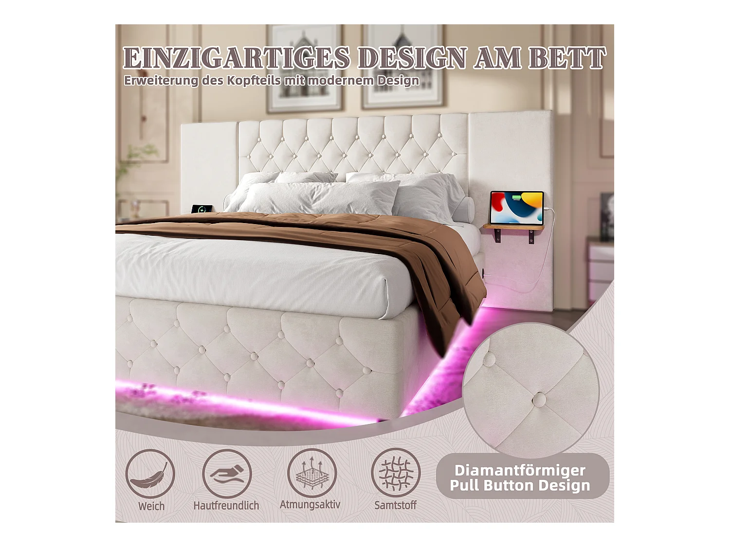 Gepolstertes Bett mit Stauraum – 160 x 200 cm – mit breitem Kopfteil + LEDs + USB-Anschluss – hydraulischer Stauraum – Samt – Beige