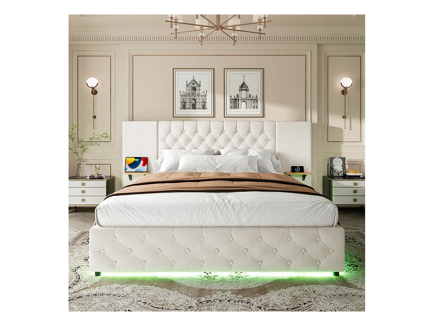 Gepolstertes Bett mit Stauraum – 160 x 200 cm – mit breitem Kopfteil + LEDs + USB-Anschluss – hydraulischer Stauraum – Samt – Beige