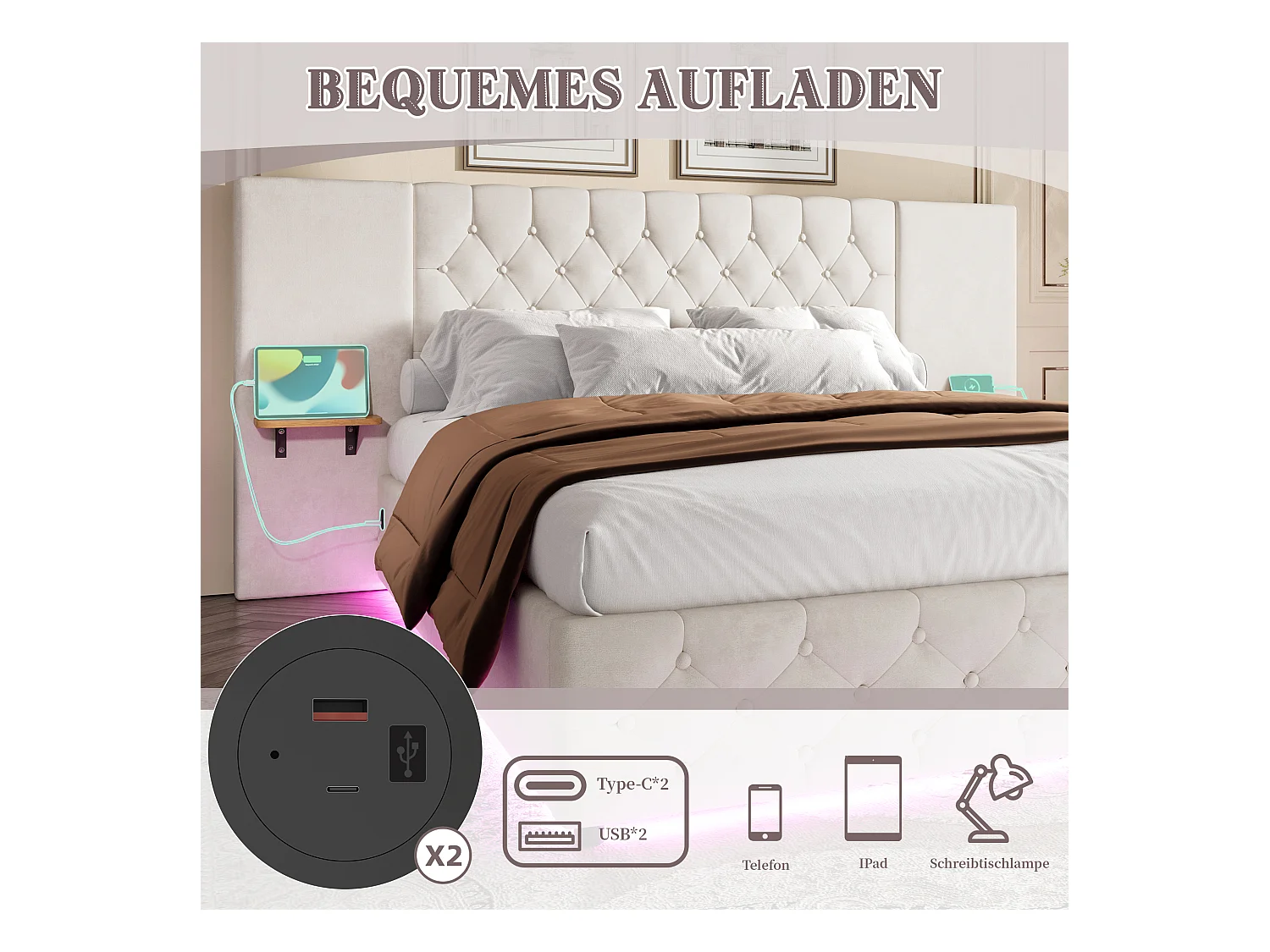 Gepolstertes Bett mit Stauraum – 160 x 200 cm – mit breitem Kopfteil + LEDs + USB-Anschluss – hydraulischer Stauraum – Samt – Beige
