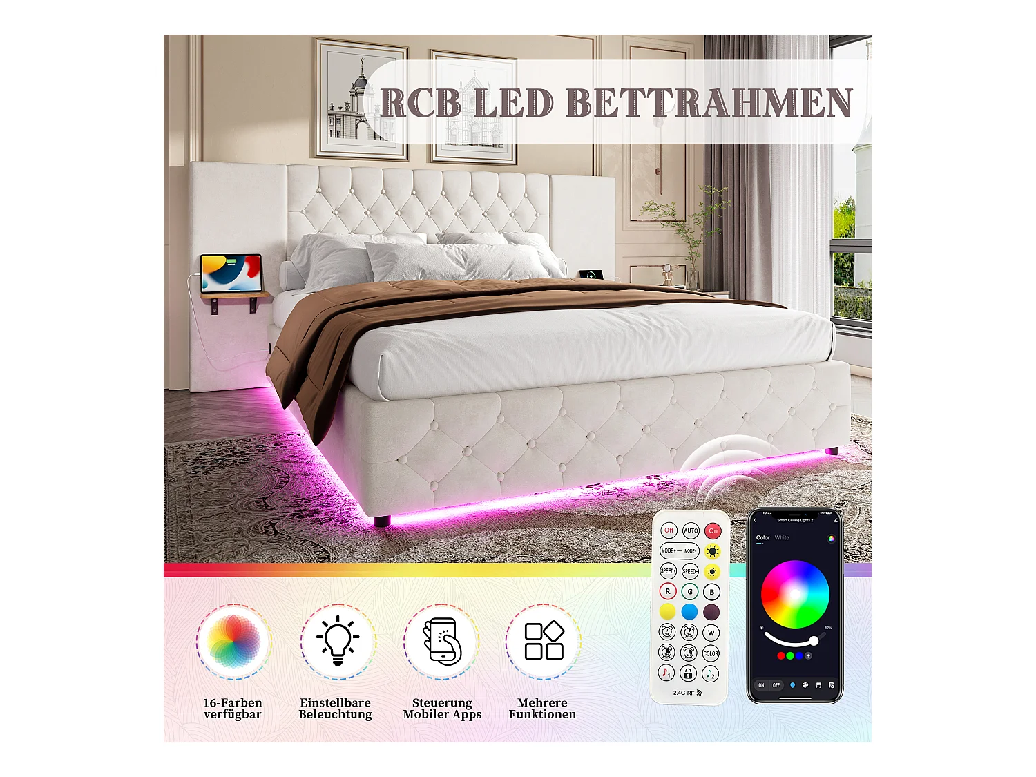 Gepolstertes Bett mit Stauraum – 160 x 200 cm – mit breitem Kopfteil + LEDs + USB-Anschluss – hydraulischer Stauraum – Samt – Beige