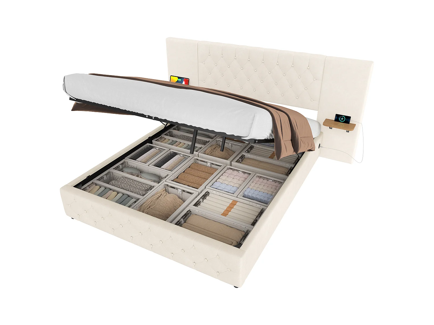 Gepolstertes Bett mit Stauraum – 160 x 200 cm – mit breitem Kopfteil + LEDs + USB-Anschluss – hydraulischer Stauraum – Samt – Beige
