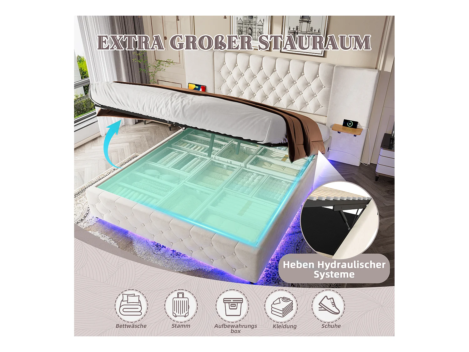 Gepolstertes Bett mit Stauraum – 160 x 200 cm – mit breitem Kopfteil + LEDs + USB-Anschluss – hydraulischer Stauraum – Samt – Beige