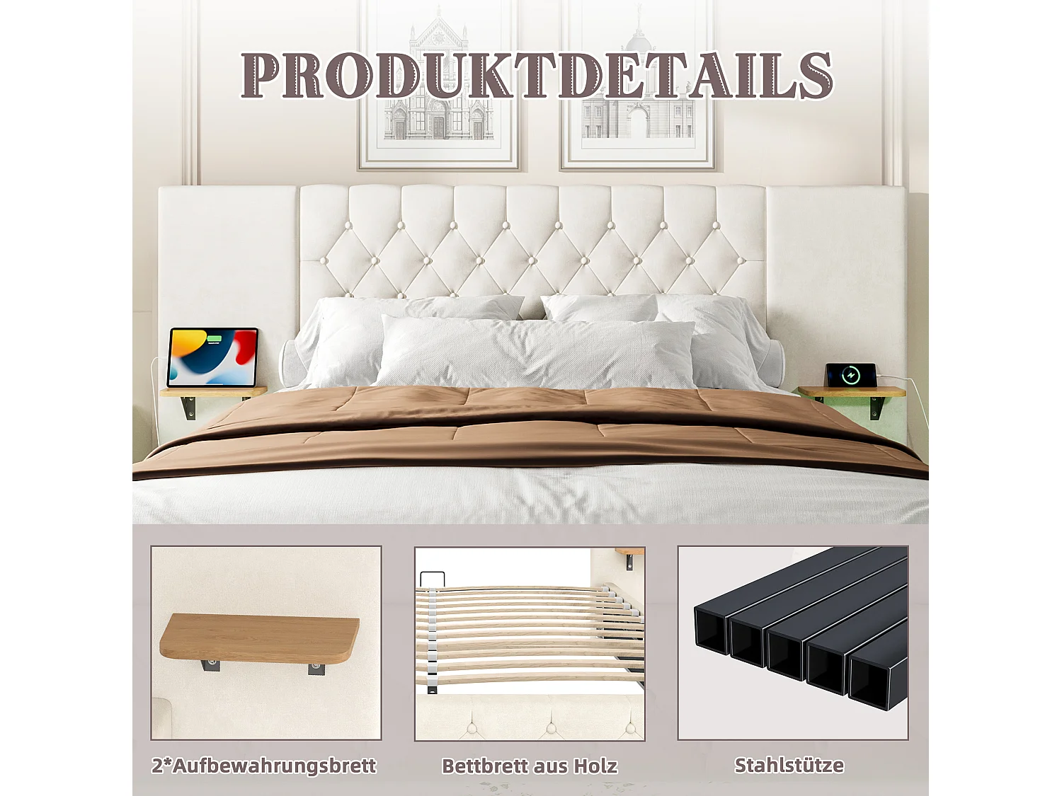 Lit coffre rembourré - 160 x 200 cm - avec large tête de lit + Leds + port USB - rangement hydraulique - velours - beige