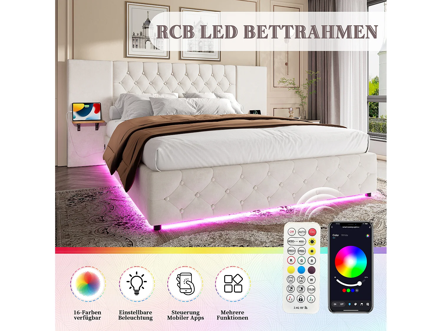 Lit coffre rembourré - 160 x 200 cm - avec large tête de lit + Leds + port USB - rangement hydraulique - velours - beige