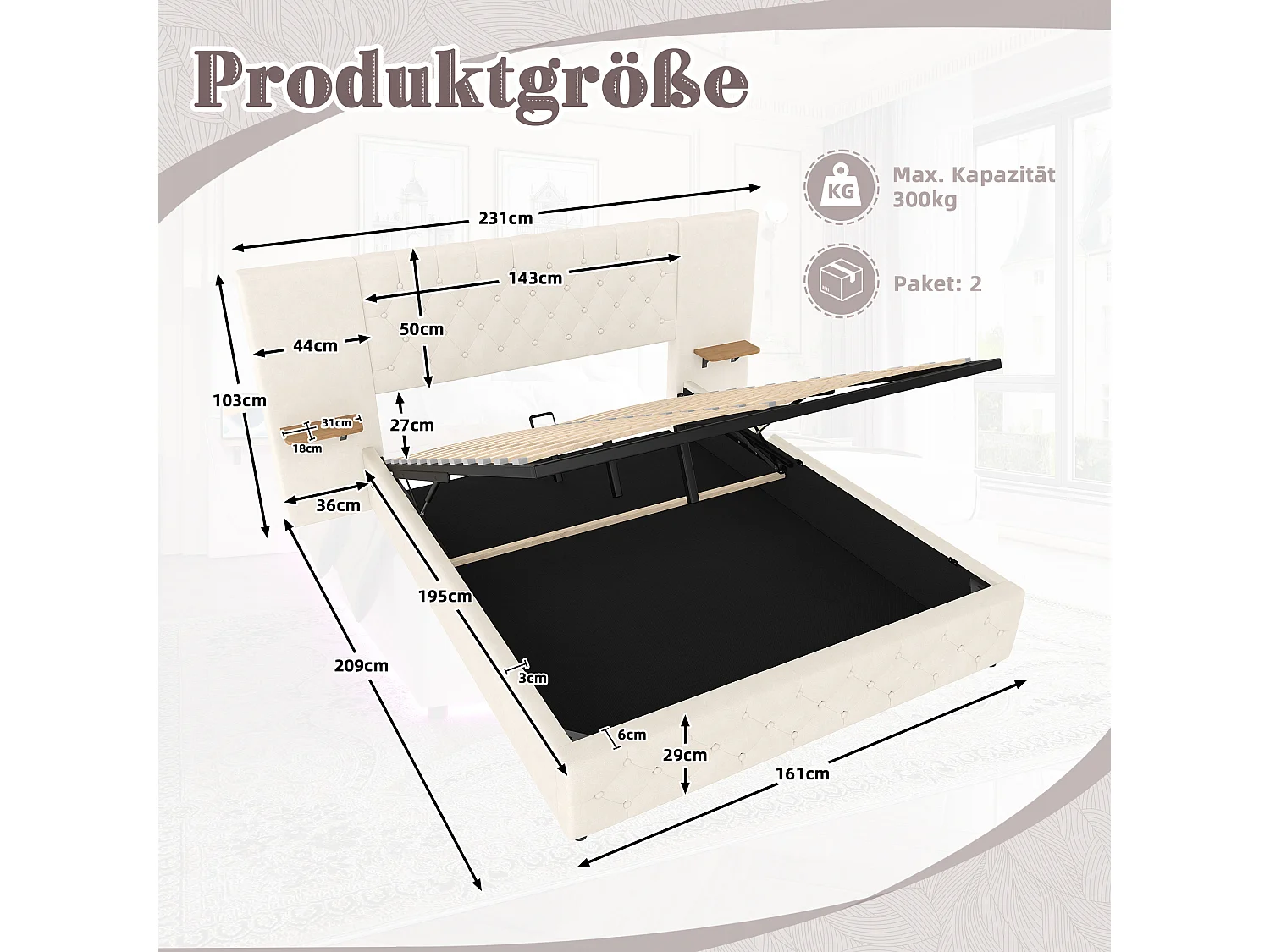 Gestoffeerd bed met opbergruimte - 160 x 200 cm - met breed hoofdbord + led-lampjes + USB-aansluiting - hydraulische opbergruimte - fluweel - beige