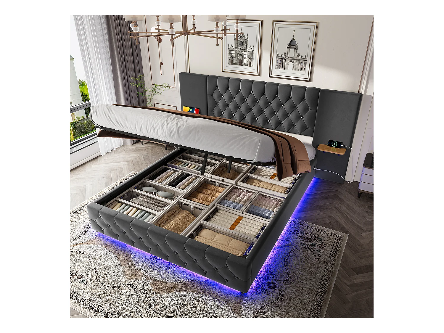 Gestoffeerd bed met opbergruimte - 160 x 200 cm - met breed hoofdeinde + LED's + USB-poort - hydraulische opbergruimte - fluweel - grijs