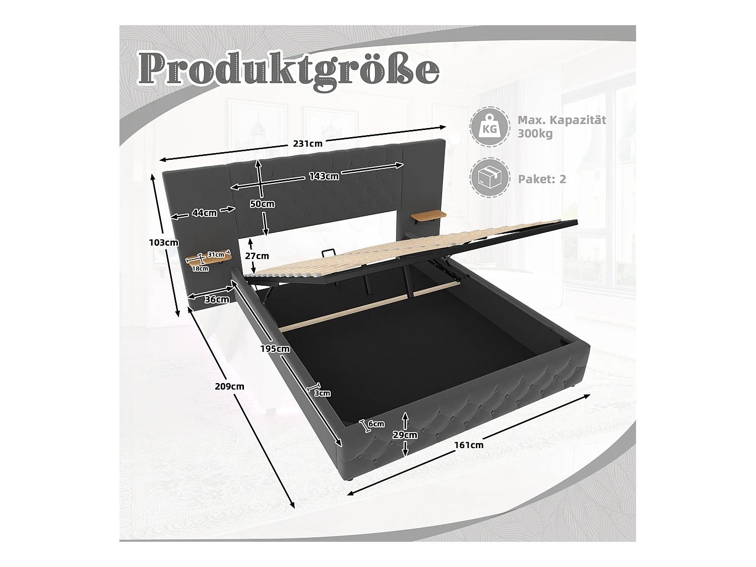 Gestoffeerd bed met opbergruimte - 160 x 200 cm - met breed hoofdeinde + LED's + USB-poort - hydraulische opbergruimte - fluweel - grijs