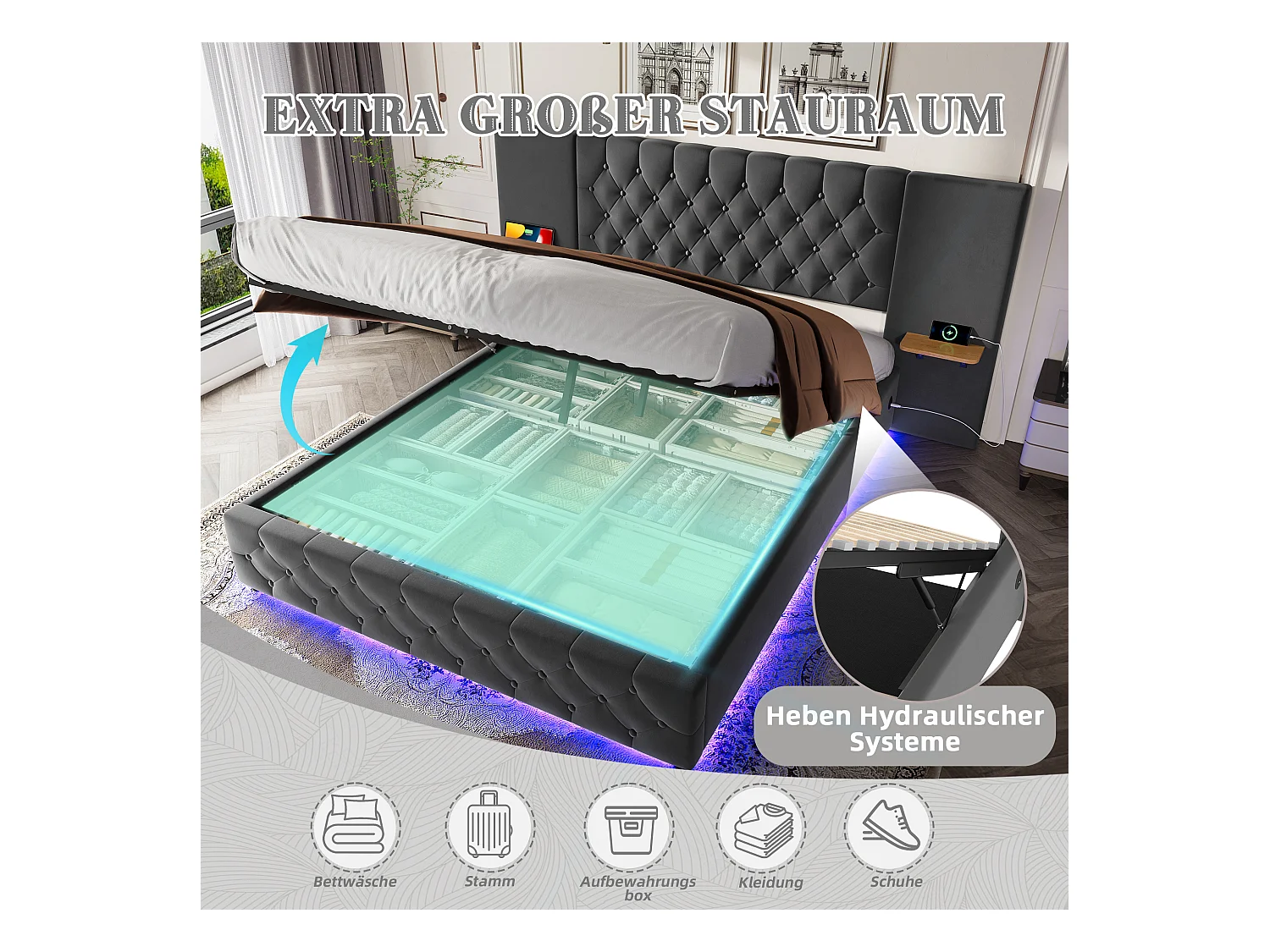 Gestoffeerd bed met opbergruimte - 160 x 200 cm - met breed hoofdeinde + LED's + USB-poort - hydraulische opbergruimte - fluweel - grijs