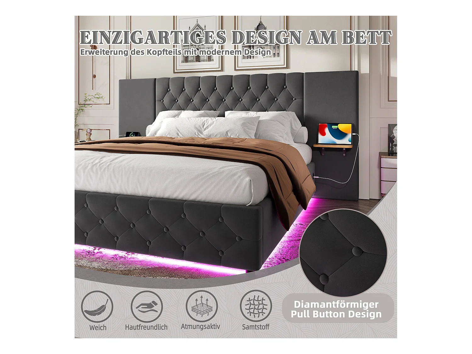 Gestoffeerd bed met opbergruimte - 160 x 200 cm - met breed hoofdeinde + LED's + USB-poort - hydraulische opbergruimte - fluweel - grijs